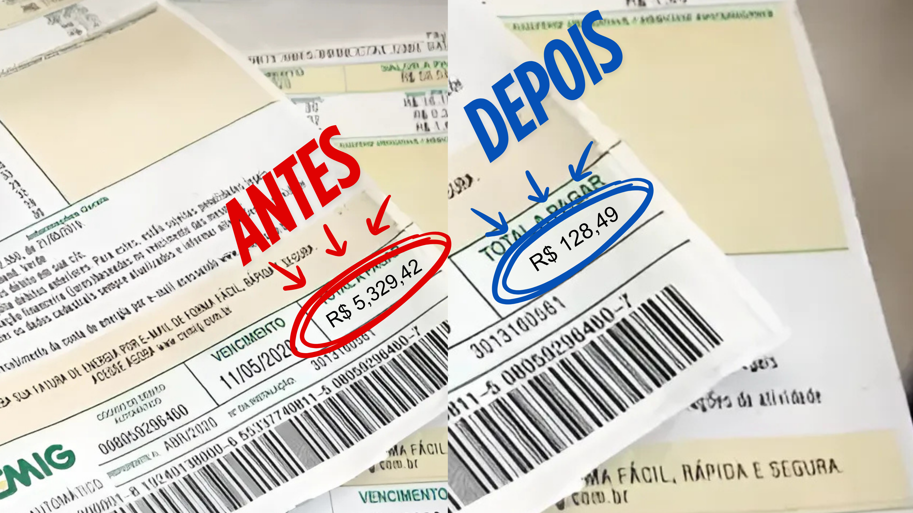 Comparativo antes e depois da economia com energia solar